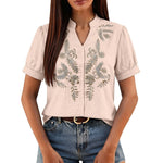 Women Floral Embroidery Puff Short Sleeve T Shirt Stand Collar V Neck Button Down Loose Solid Tees Summer Boho Casual Office Top