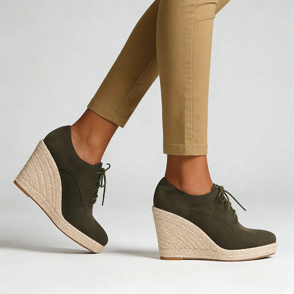 2026 Big Size 43 Vintage Brown Black Pointy Toe Lace-up High Heels Espadrilles Pumps Comfy Walk Office Lady Wedges Shoes Women