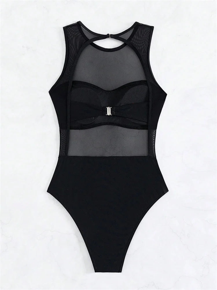 Sexy See Through One Piece Swimsuit 2025 Women Solid Black Mesh Transparent Hollow Out Backless Bathing Suit Swimwear Beachwear