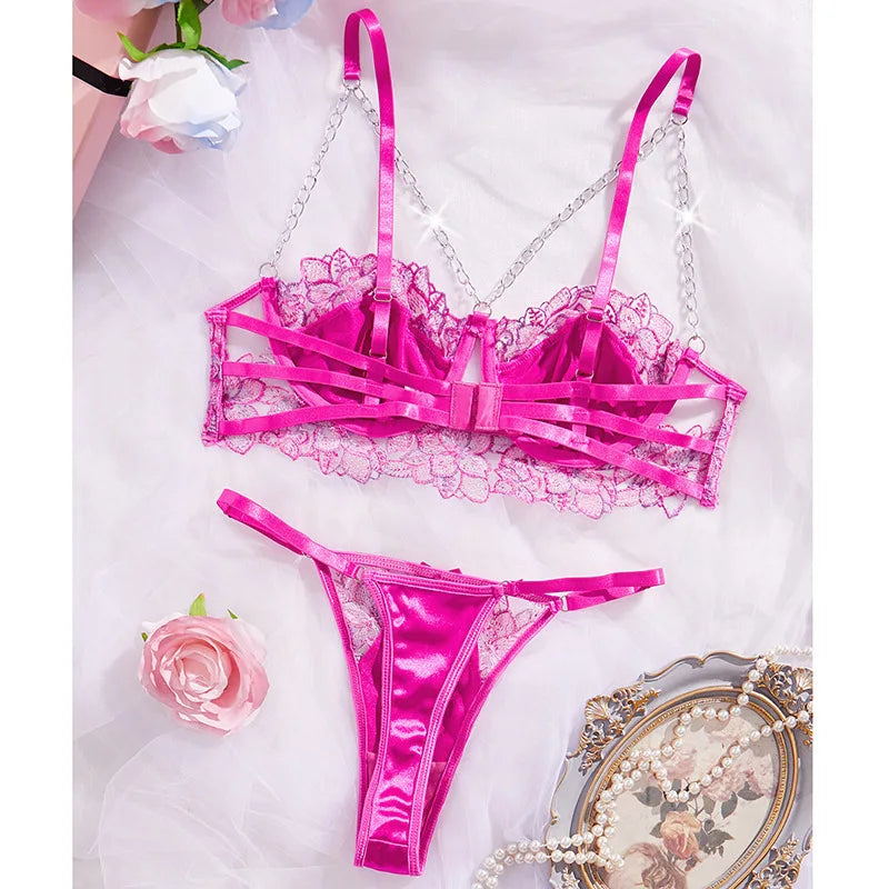 Women Sexy Lingerie Fashion Chain Bra Sets Rose Red Embroidery Fancy Underwear Steel Ring Bralette Intimate Matching Exotic Sets