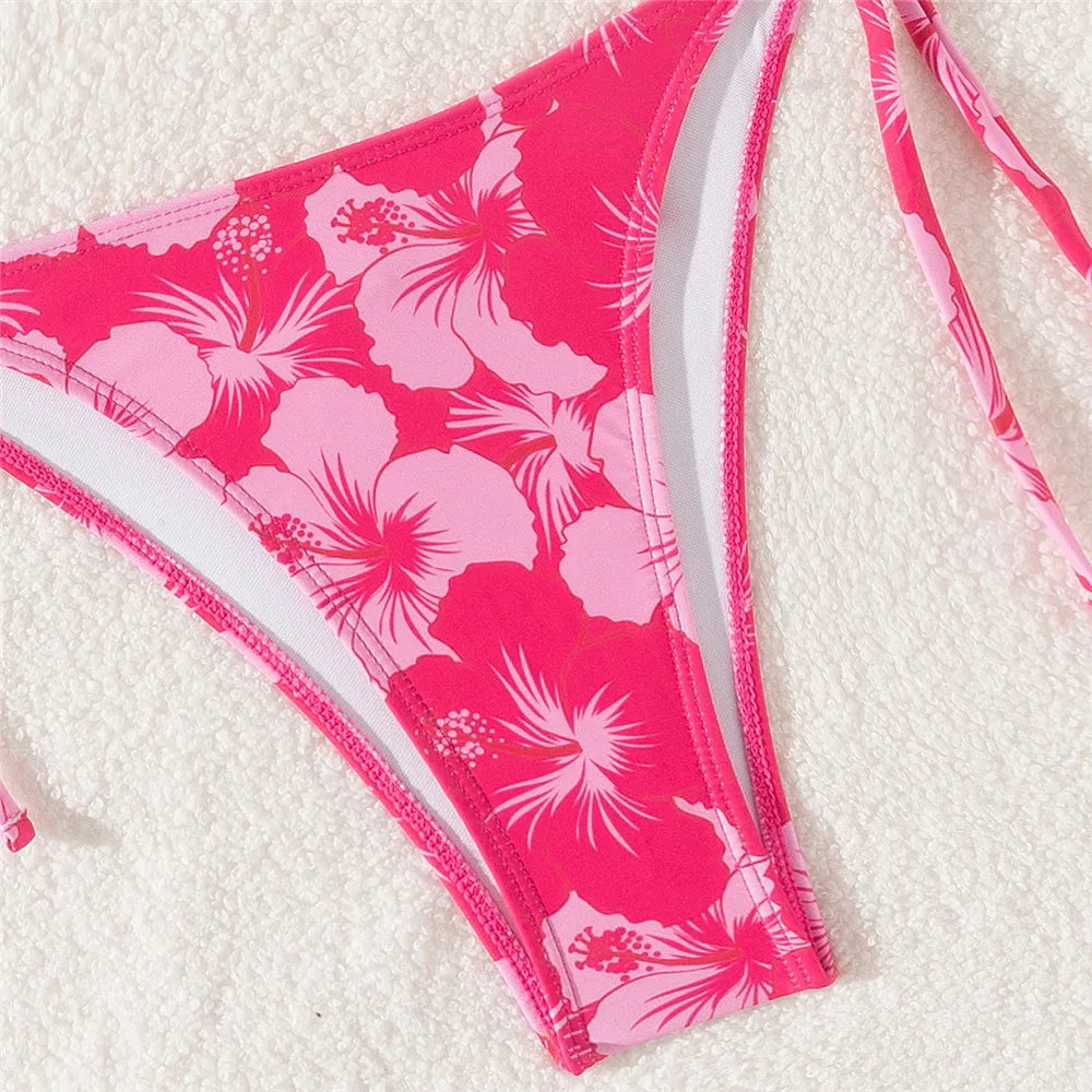 Sexy Rose Red Flower Print Micro Thong Bikini Women Swimwear 2026 String Halter Swimsuit Swimming Wear Triangle Bikinis Sets