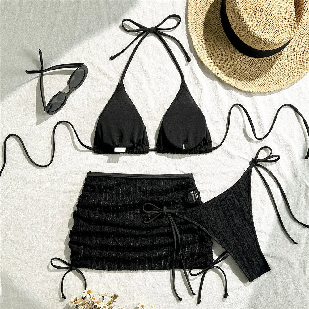 Beige Mesh Cover Ups Swimwear Halter String Triangle Bikinis Sets 3 Pieces Micro Thong Sexy Swimsuit Women 2026 Bathing Suit