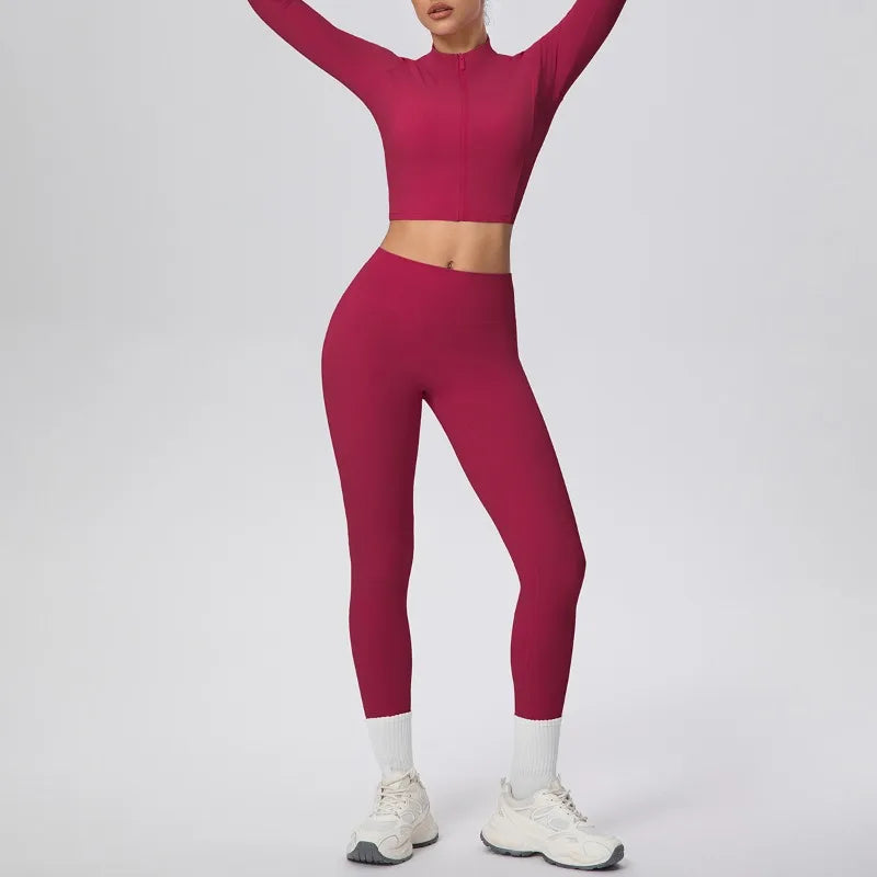 New Women Yoga Set Solid Color Double-Sided Brushed Bare Feel Short Long-Sleeve Jacket Tight Pants Running Fitness 2-Piece Set