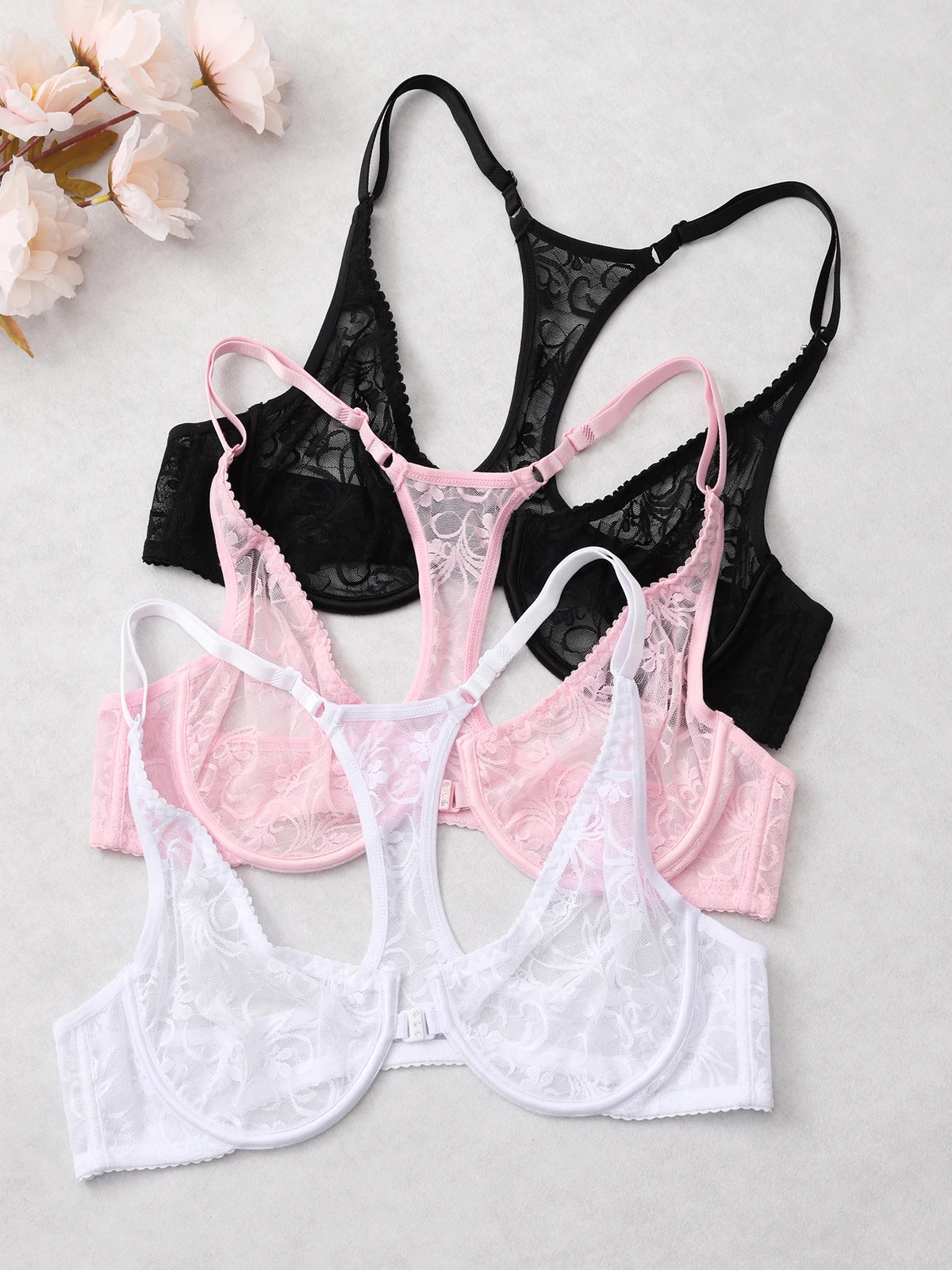 3-Piece Plus Size Lingerie With Lace Front Buttons For Women BrassiereAdjustable Underwear Comfort And Breathability Bra