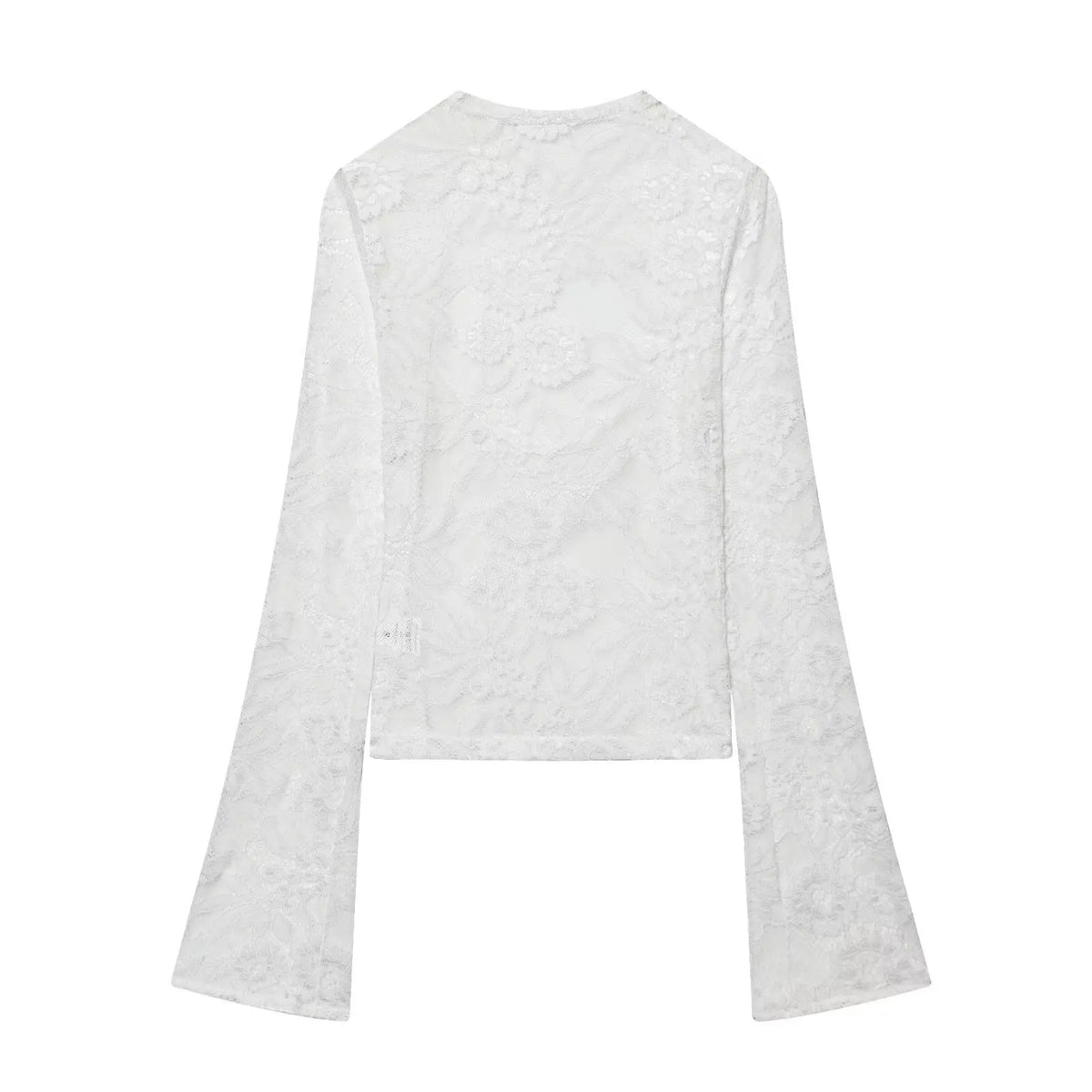Women's Fashion Casual Lace Patchwork Hollow Bell Sleeve Blouse Women Pack Lace Sleeve Tops Black White Sheer Mesh Casual DOS5