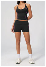 2PCS Women Yoga Sets Color Contrast Hanging Neck V Neck Slimming Sports Tank Top Flip High Waist Shorts Gym Running Fitness Suit
