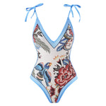 Sexy One-piece Swimsuit with Skirt Swimwear Women Flower Bird Print Body Bathing Suit Beach Swim Pool 2024 Female Swimming Suit