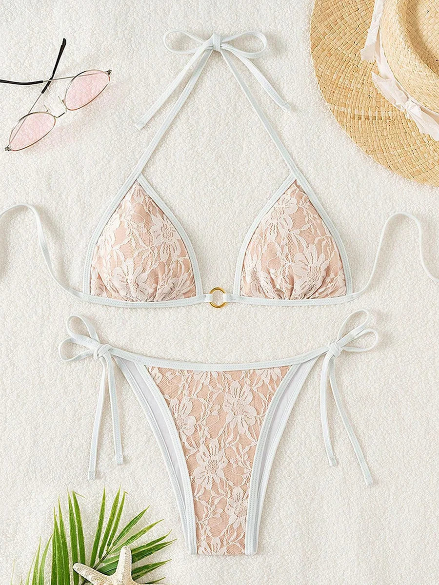 Embroidery Mesh Lace Halter High Cut Bikini Female Swimsuit Women Swimwear Two-pieces Bikini Set Bather Bathing Suit Swim Beach