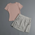 Summer Casual Yoga Sets Women Short Sleeve Loose T-shirt Sportwear High Waist Pocket Sports Short Skirt Fitness Running Wear