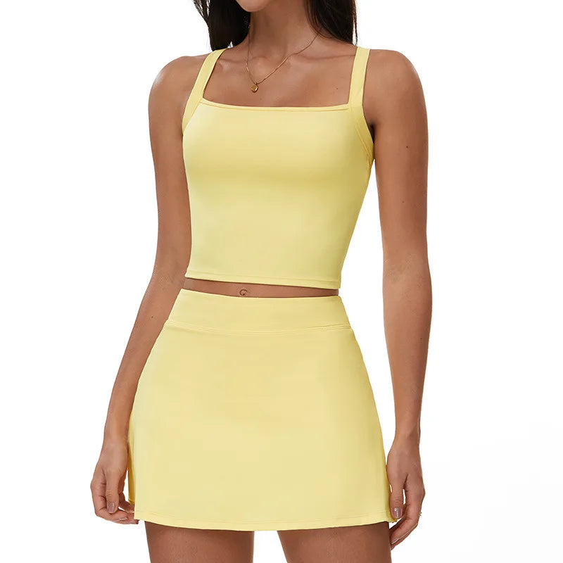 2 Piece Yoga Skirt Set Women Outdoor Neck Hanging Sports Vest High Waist Pleate A Line Skorts Fitness Suit Gym Workout Clothes