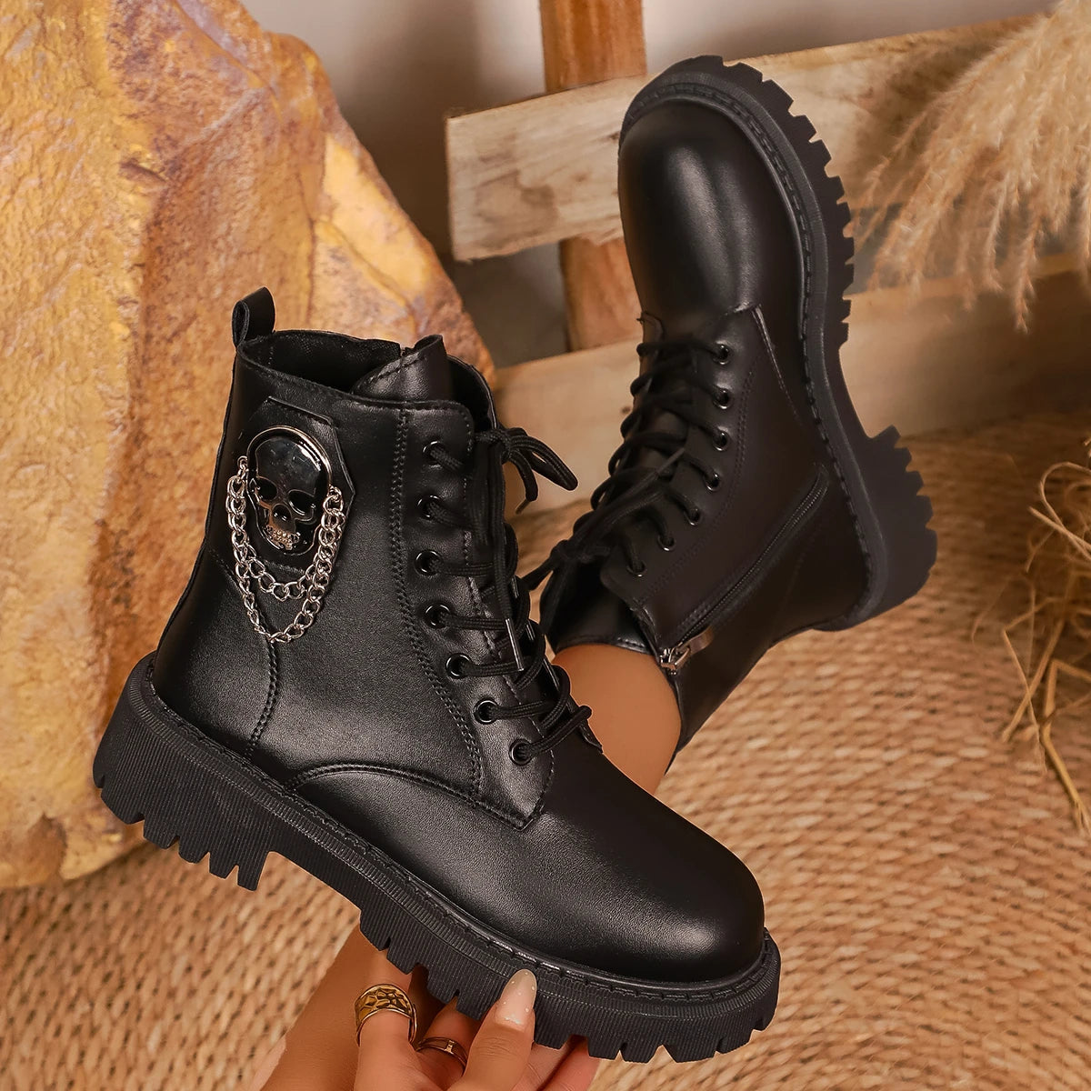 Women Round Toe Lace‑Up Combat Ankle Boots Side Zipper Metal Chain Ornament Thick Lug Sole Stylish Black Platform Short Boots