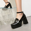 Plus Size Smooth Patent Leather Instep Metal Belt Square Buckle Platform High Thick Heel Ankle Buckle Sweet Lolita High Heels