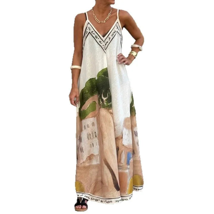 Casual Vacation Style Print Spaghetti Strap long Dresses Women Sexy V-neck Backless Loose Sleeveless Dress Female Summer New