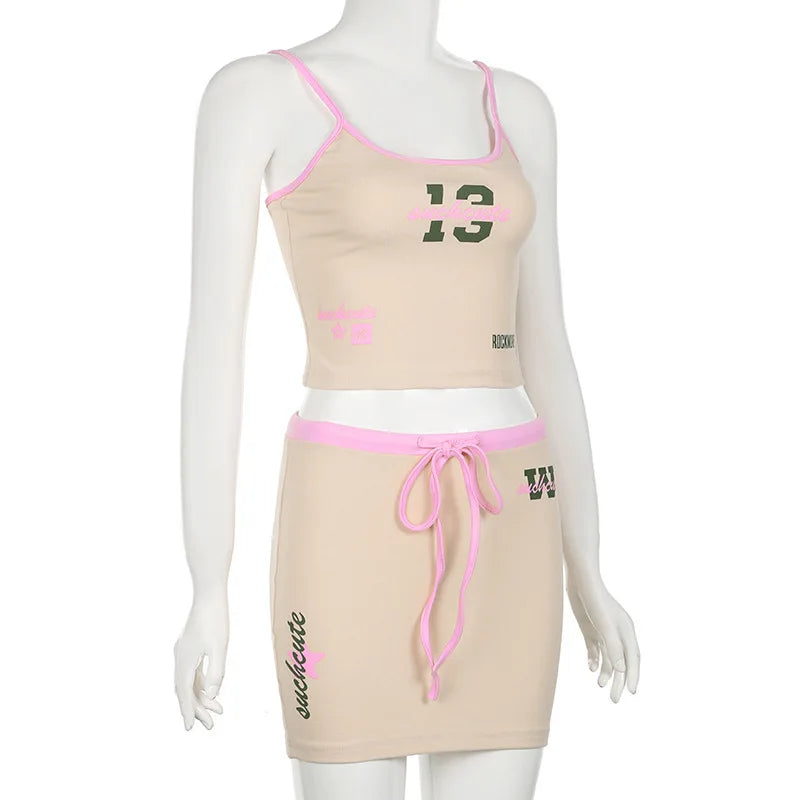 Hot Girl Two-piece Suit Printed Slimming Suspender Low Waist Drawstring Short Skirt Suit