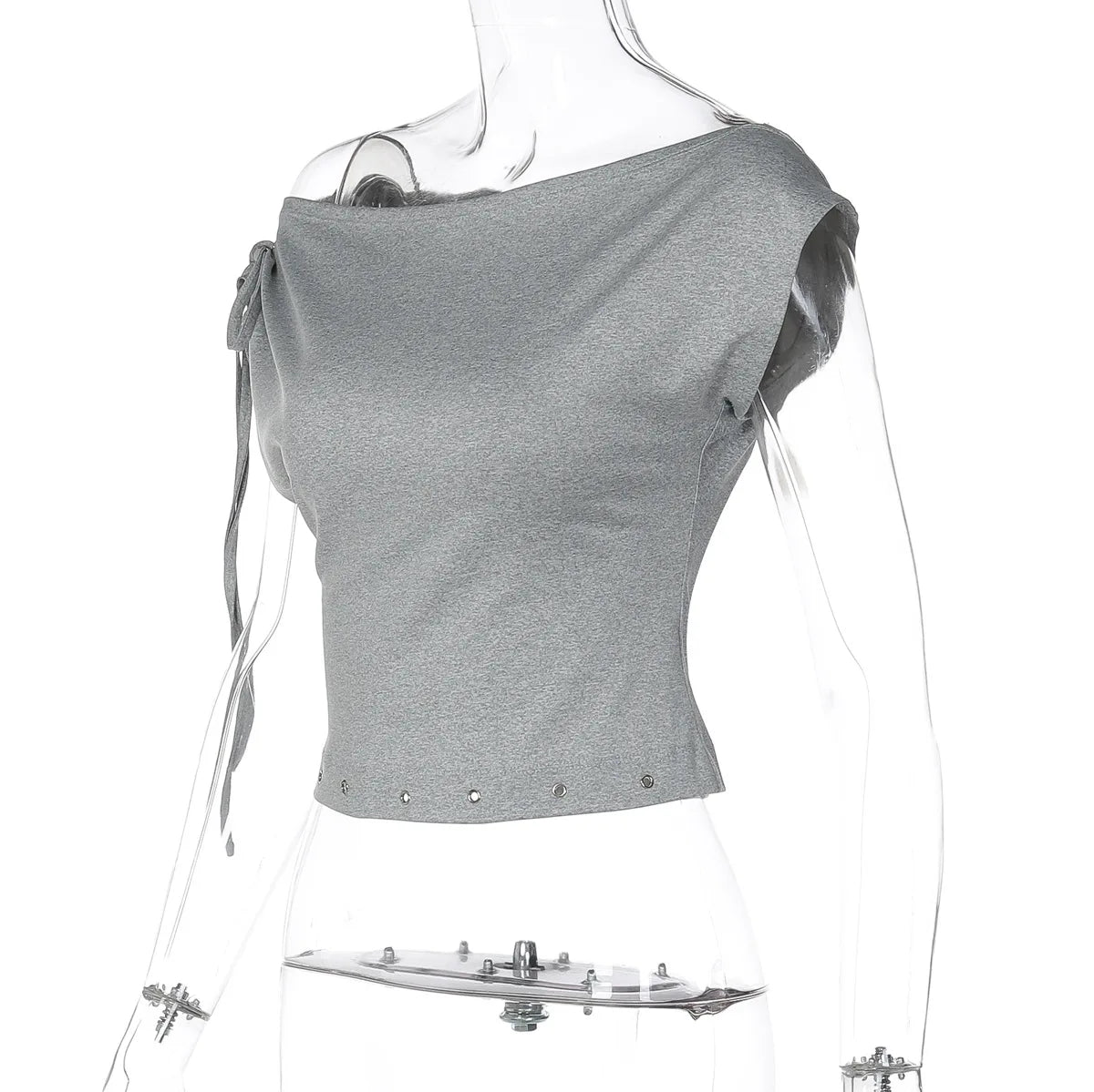 FDYOUI Women's Diagonal Collar Gray T-shirts Y2K Female Off Shoulder Lace-up Holes Cropped Tops Casual Black T Shirt Streetwear