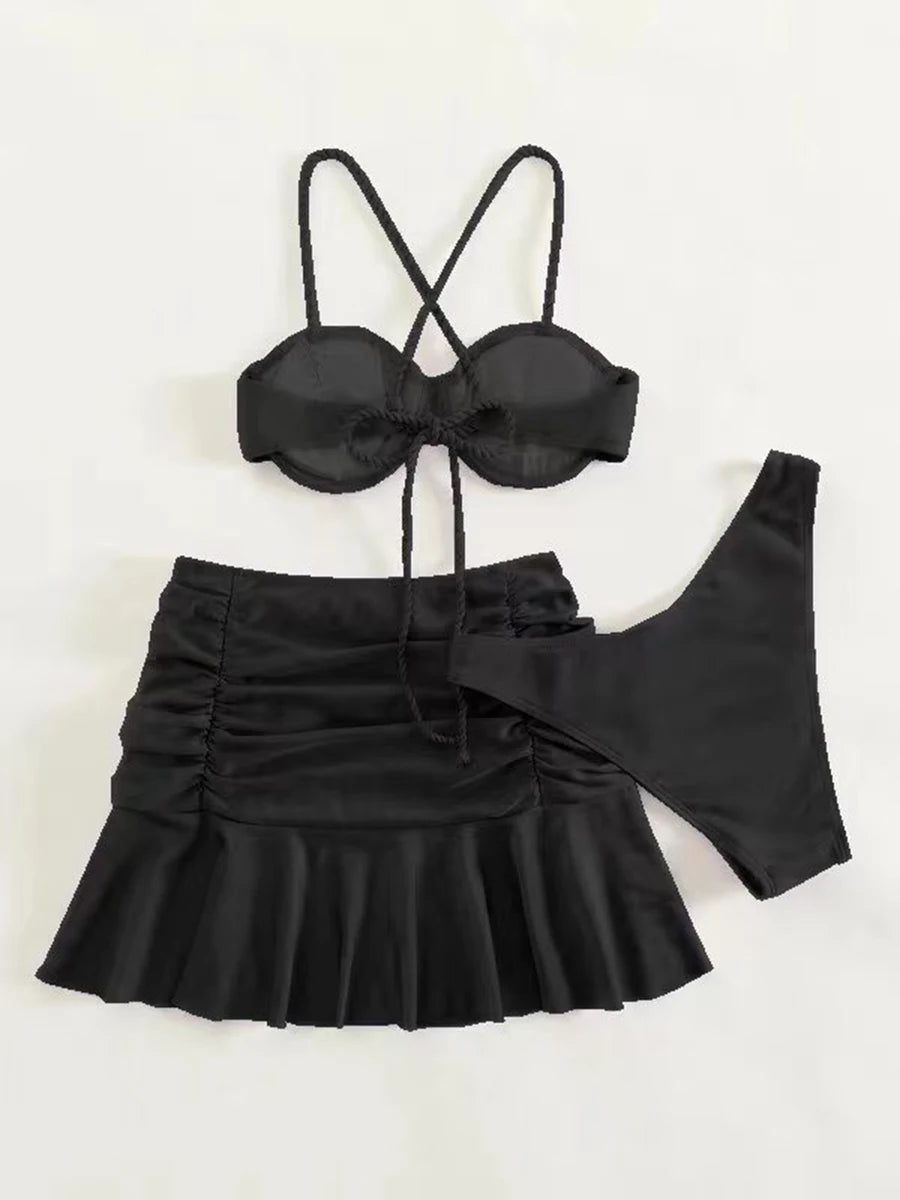 2026 Push Up 3 Pieces Bikini & Beach Slirt Swimsuit Women Strappy Swimwear Female Bathers Bathing Swimming Swim Suit Beachwear