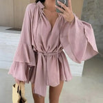 Mini Dress with Belt Summer Ruffle Long Sleeve Dress for Women Casual V Neck A-line Swing Dresses Irregular Vacation Dress