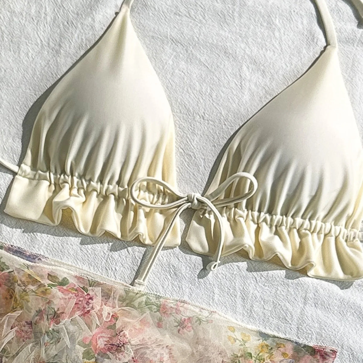 Vintage Mesh Floral Print Cover Up 3 Piece Bikinis Sets 2026 Women Ruffles Push Up Thong Swimsuit Beach Bathing Suit Swimwear