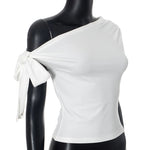 2025 Women'S Summer Ins Style New Shrink Pleated One-Shoulder Crop Top Backless Twist Tie Asymmetric T-Shirt Casual Top