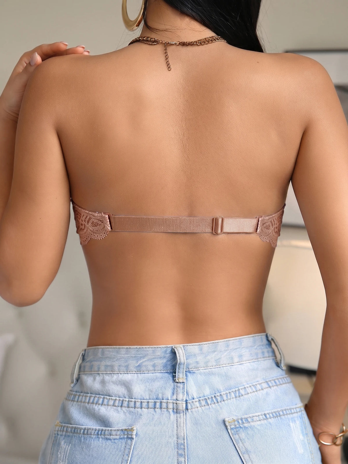 Women Solid Strapless Bra Lace Spliced Front‑Closure Push‑Up Underwear Invisible Non‑Slip Breathable Bra