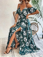 New Summer Women Print Dress 2025 Fashion ElegantVacation Party Short Sleeve Slim V-neck Slit Long Dresses Vestidos Para Mujer