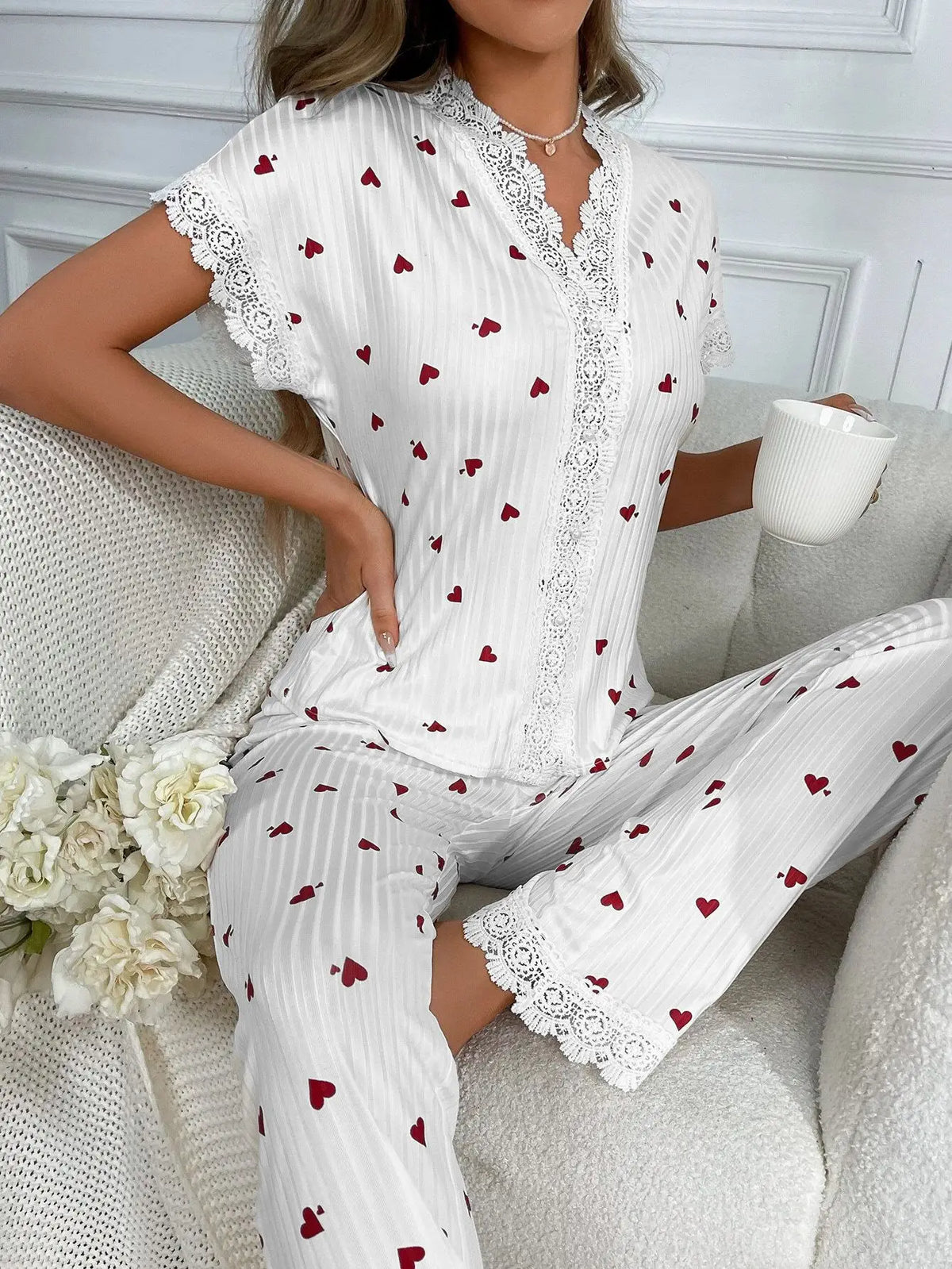 Spring Summer Pajama Set for Women Sleepwear Lace Trim Heart Print Short Sleeve Top & Full-Length Pants Nightwear Loungewear