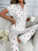 Spring Summer Pajama Set for Women Sleepwear Lace Trim Heart Print Short Sleeve Top & Full-Length Pants Nightwear Loungewear