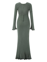 Women's Autumn Winter Knitted Bodycon Dress Long Sleeve Tie Backless Round Neck Solid Color Ruffle Trim Long Dress Beachwear