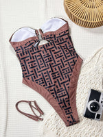 Sexy Bandeau One Piece Swimwear Women 2026 Coffee Plaid Metal U Neck Hollow Out Bathing Suits Slimming Tummy Control Swimsuit