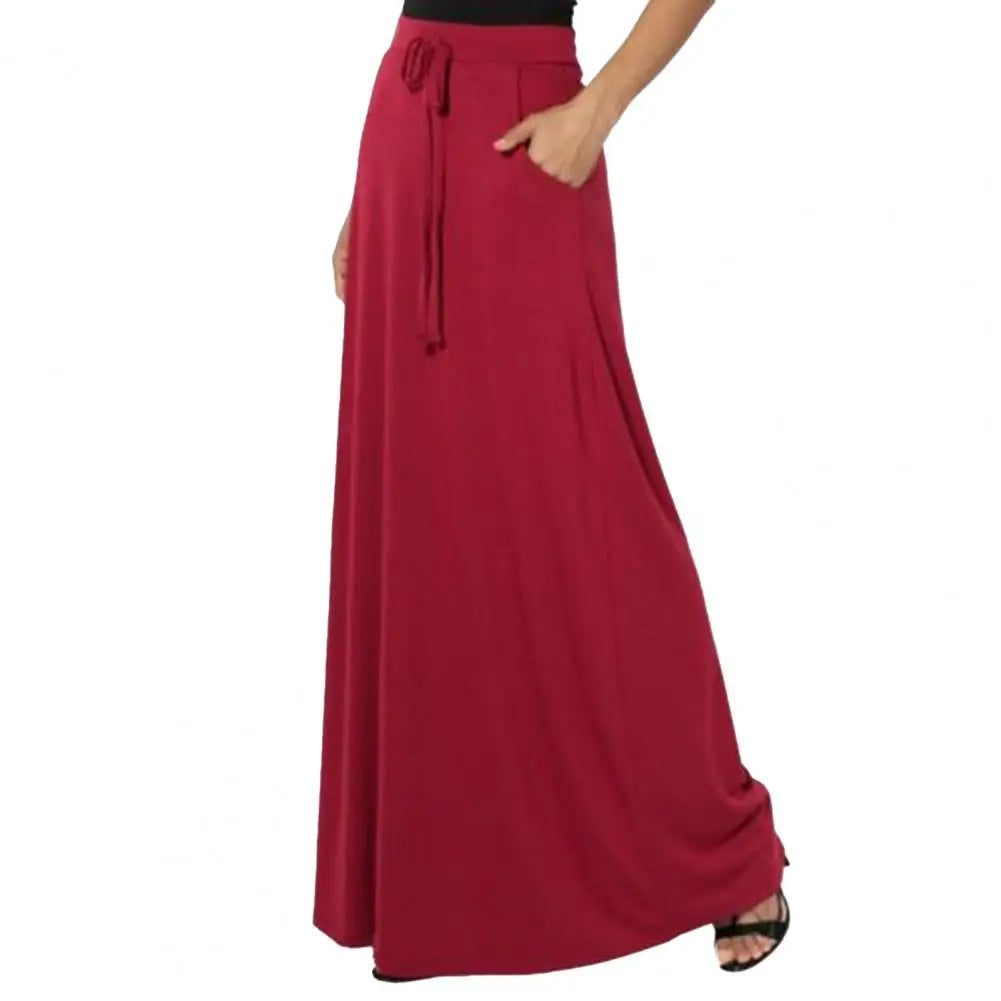 Women Maxi Skirt Adjustable Drawstring High-Waisted Solid Color Long Skirt with Pockets Casual Work Skirt Skirts for women