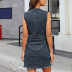 Women's Sleeveless Bodycon Denim Dress Casual V-Neck Button Down Mini Jean Dress Summer Overalls Dress with Pockets