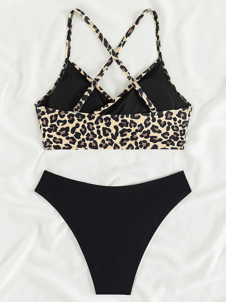 Criss Cross Back Leopard Bikini Women Swimwear Female Swimsuit Two Pieces Bikini Set Bather Bathing Suit Swim Beach Wear Lady