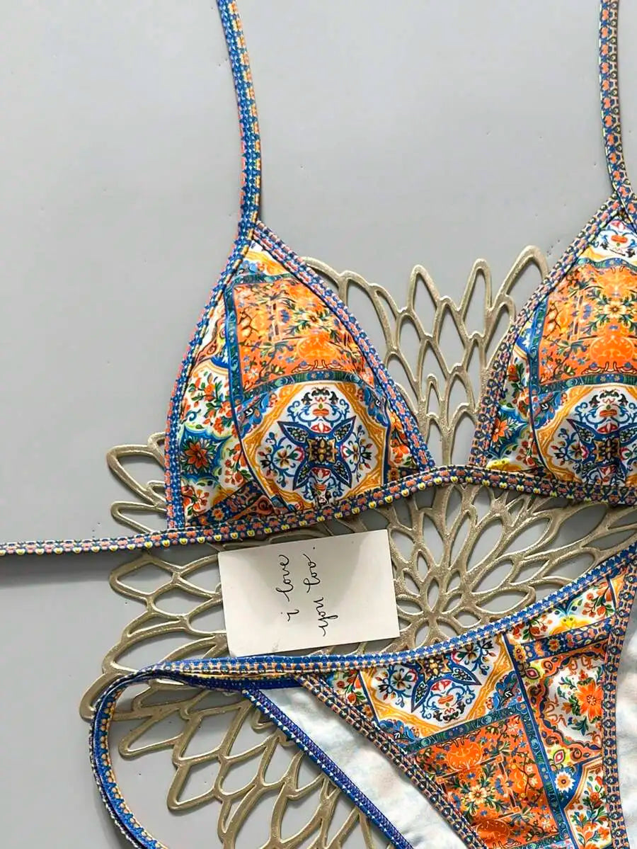 Womens Green Yellow Brazil Print Halter Tie Side Bikini Set For Beach Pool Vacation