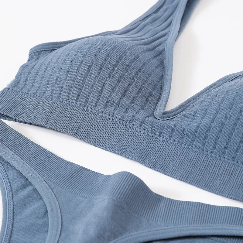 Women Seamless Bra And Panties Set Push Up Bras High Leg Cut Thongs Sport Wireless Brassiere Sexy Lingerie Ribbed Underwear