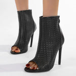 Big Size 42 Sexy Black Hollow Out Summer Boots Women Chic Peep Toe Thin High Heels Zip-up Ankle Boots Party Shoes