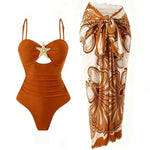 Vintage Orange Floral Print Skirt Swimwear Sets Women Starfish Hollow Out Tummy Control Bathing Suit Holiday One Piece Swimsuit