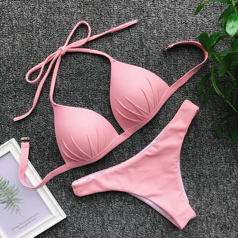 2025 Halter Bra Cup Bikini Women Swimsuit Female Push Up Swimwear Two Pieces Bikini Set Brazilian Bather Bathing Suit Swim Lady