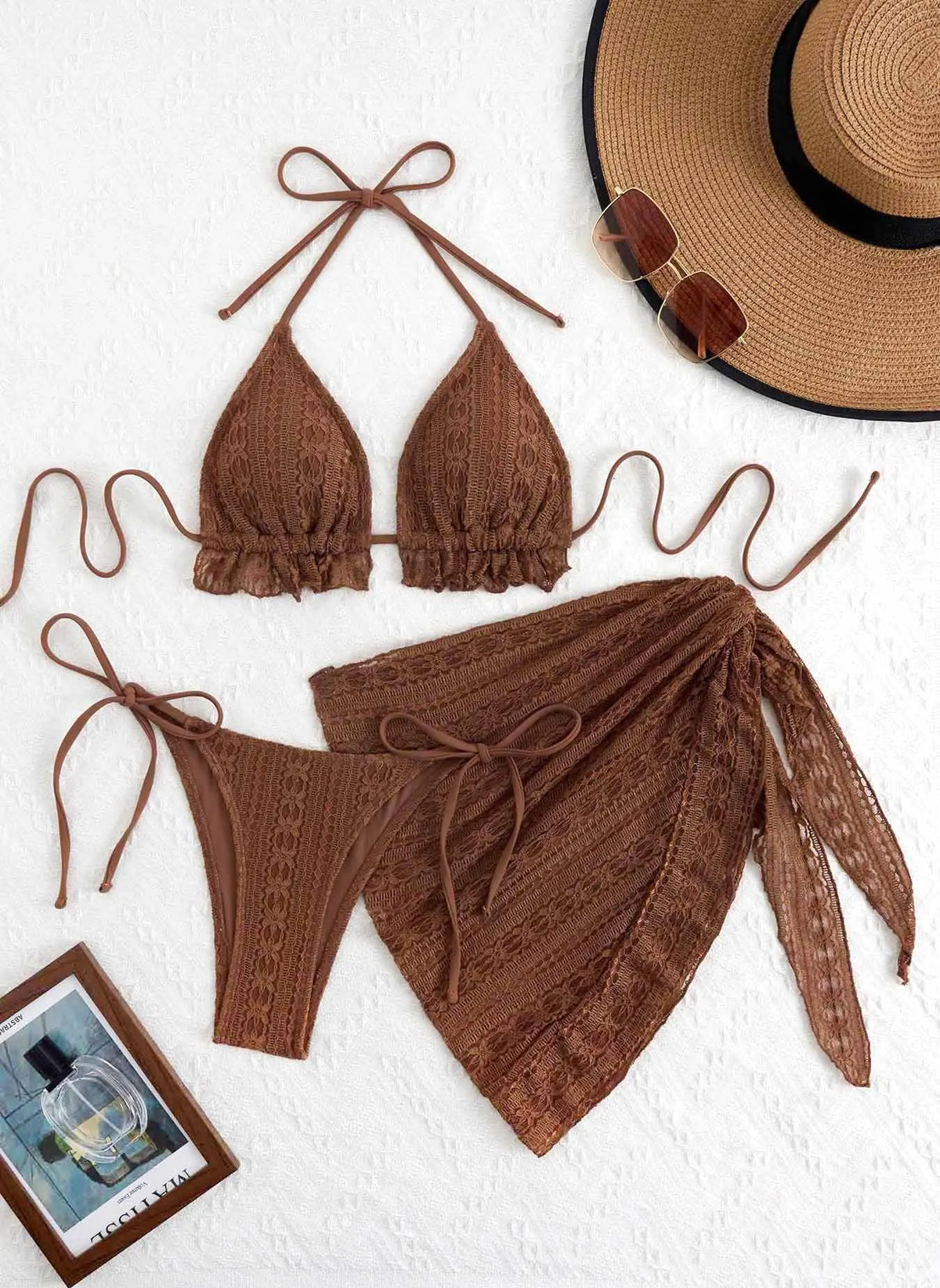 DEKA Women Triangle Ruffles Bikini Set Bathing Suit Spliced Halter Bikini Push Up Bandage Cover Up Beachwear 3 Piece Swimsuit