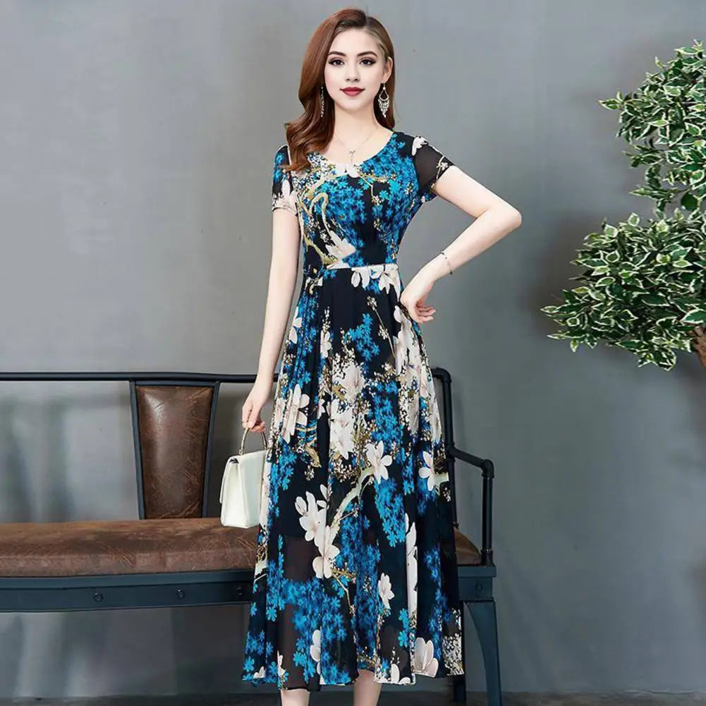Summer Women Dress Floral Print A-line Big Hem High Waist Short Sleeves Round Neck Pleated Mid-calf Length Party Commute Dress