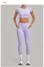 Yoga Set Women's Tracksuit Short Sleeve Back Hollow Out Sports Top Athletic Wear Tight High Waist Pocket Leggings Fitness Suits