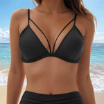 Women's Wire Free V Neck Triangle Bikini Top Black Hollow Out Push Up Bra Sexy Swimsuit Summer Adjustable Straps Bathing Suits