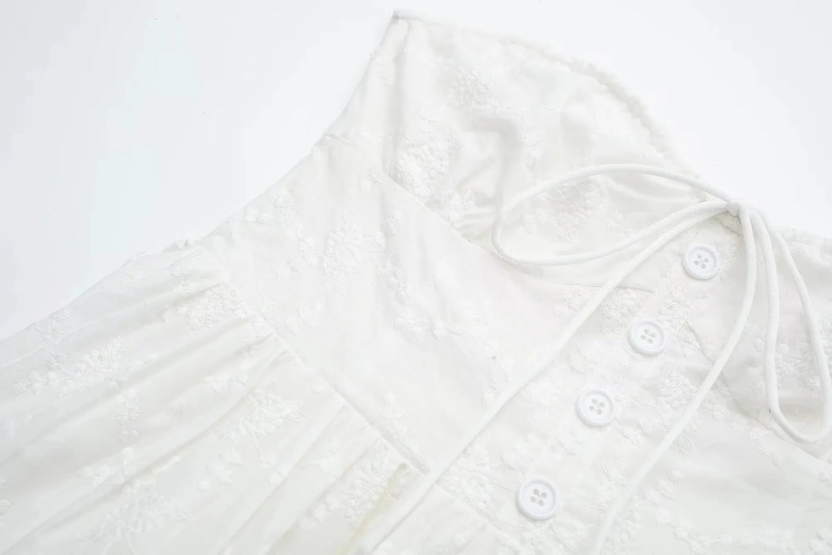 Foridol Button Bowknot Off Shoulder White Lace Mini Dress Summer Beach Embriodery Short Party Holiday Vestidos Smocked 2025