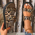 New Leopard Double Buckle Sandal for Woman Fashion 2025 Med Heel Flat Sandals Women Summer Non Slip Platform Sandal Female
