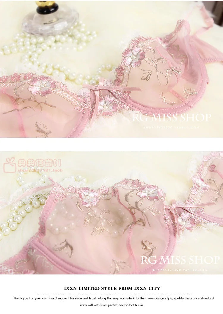 MOYISU Luxury French Pure Desire White Lace Thin Sexy Gauze Underwear Set Embroidery Girl Push-up Bra Big Size Big Breasts Small