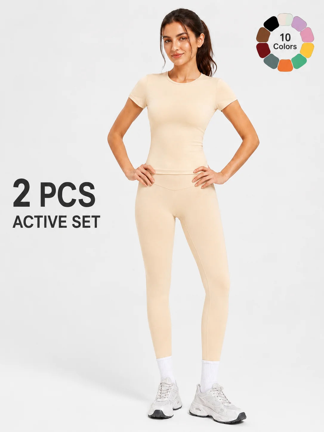 Ladies Sportswear Set (Short Sleeve Top + Long Pants) Fitness Gym Workout Clothing Running Yoga Ensemble