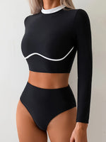 Vintage Black Contrast Bikini 2025 Women Long Sleeve Slim Shirt Top High Waist Sunscreen Swimsuit Beach Bathing Suit Swimwear