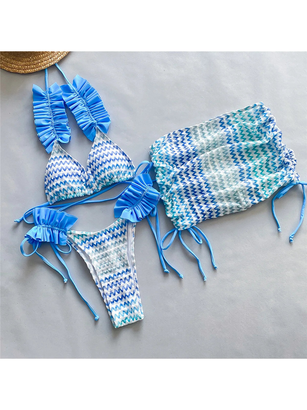 Blue Three-pieces Bikini set With Skirt Waved Ruffled Frilled Bikini Female Swimsuit Women Swimwear Bather Bathing Suit V5235C