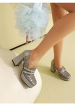 Square Toe Platform Double-Layer Buckle Shallow Sleeve Office Pumps Ultra-High Thick Heel Breathable High Heels