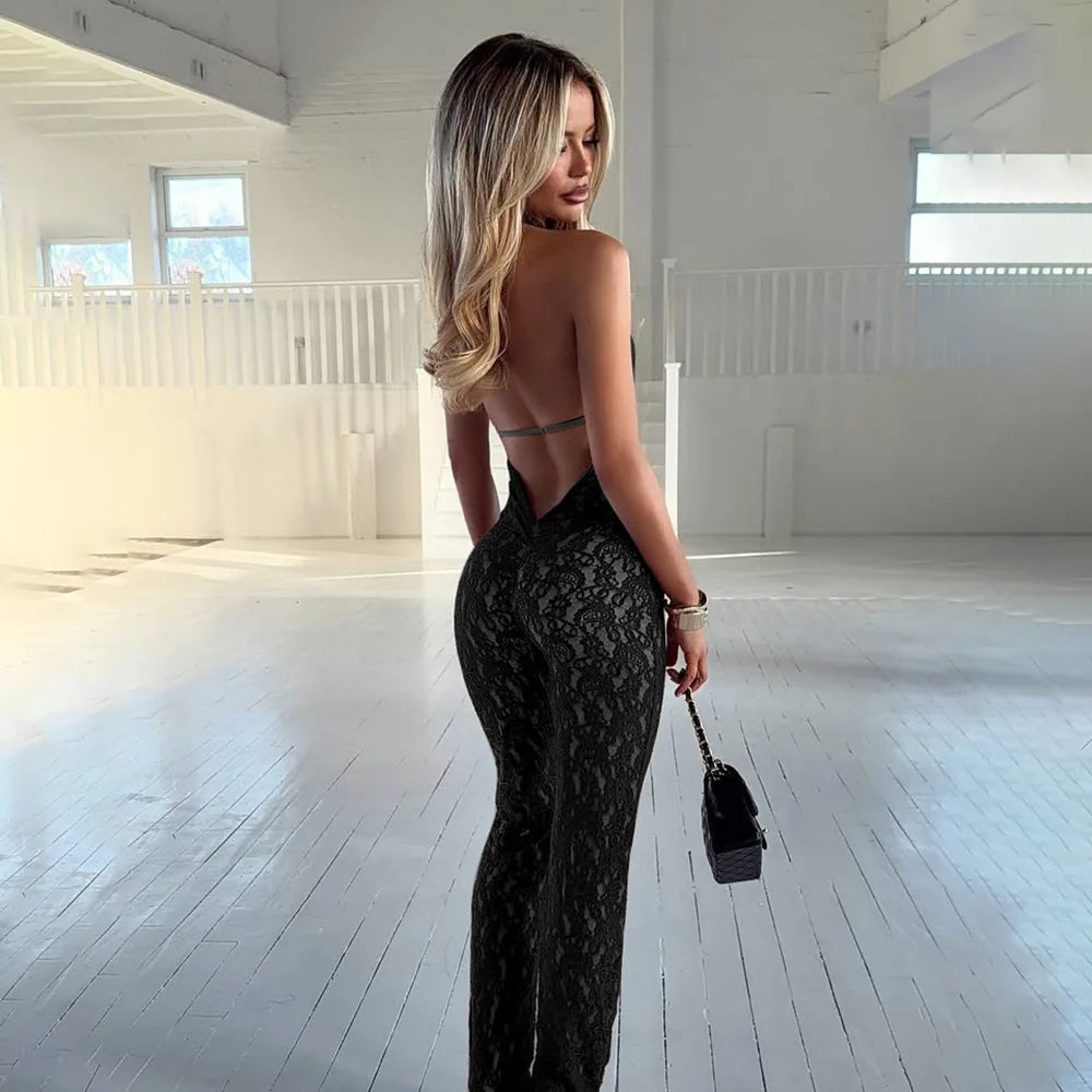 FDYOUI Women's Halter Neck Backless Evening Party Jumpsuits Lady Elegant Sleeveless Lace Overalls One Piece Bodysuit Streetwear