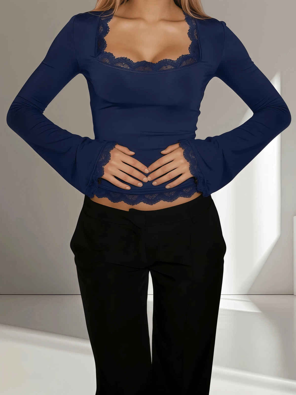Women's Sexy Lace Patchwork Square Collar Long Sleeve T-Shirt Elegant Slim Fit Flare Sleeve Cropped Top Spring/Fall 2026